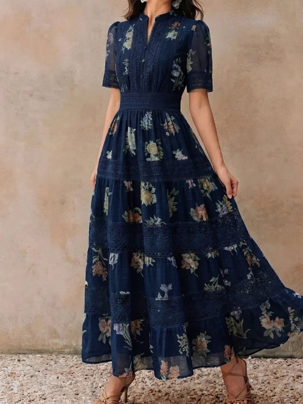 Blue Boho Women's Embroidery Puff Sleeve High Waist A-Line Long Dress